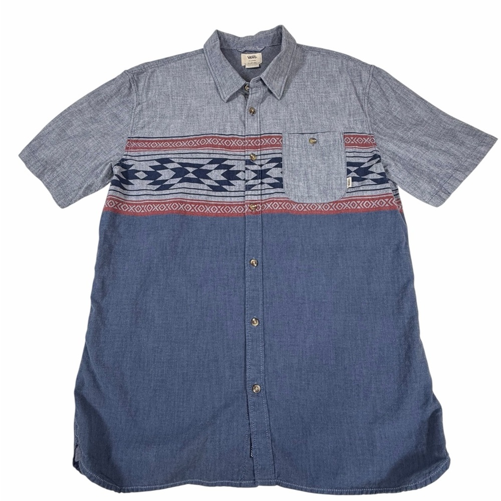 VANS Men’s XL Short Sleeve Button Down Shirt Blue Cotton Aztec Stripe Pocket
